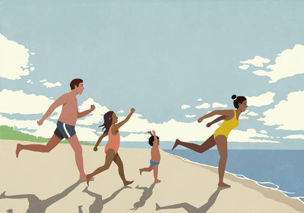 Happy, excited family on vacation running toward ocean on sunny summer beach  Copyright: MaltexMueller fStopImages2070067