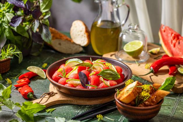 Spicy salad of fresh watermelon balls with basil, lime, rosemary and fennel, topping with olive oil Spicy salad of fresh watermelon balls with basil, lime, rosemary and fennel, topping with olive oil on dark green table surface with sunny light Copyright: xZoonar.com VictoriaxKondysenkox(ArtSvitlyna)x 20788155