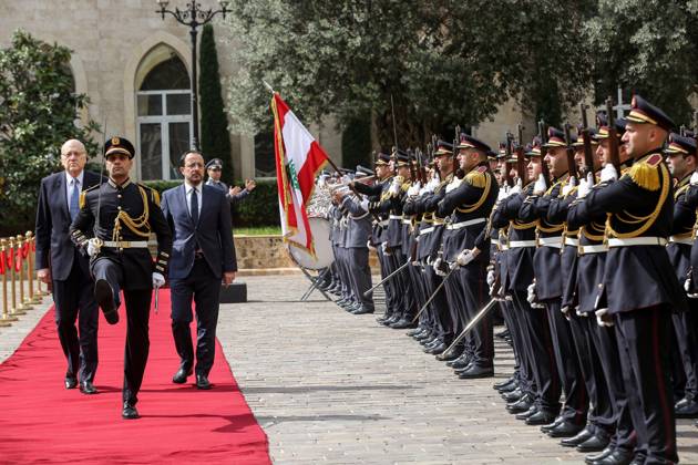April 8, 2024, Beirut, Beirut, Lebanon: Lebanese Prime Minister NAJIB MIKATI (L) and Cypriot President NIKOS CHRISTODOULIDES (R) review troops of honor upon his arrival at Beirut governmental Palace. CHRISTODOULIDES arrived in Beirut for talks with officials for possible solutions for the incessant flow of displaced Syrians to the island from the Lebanese coast. Beirut Lebanon - ZUMAn313 20240408_zip_n313_001 Copyright: xMarwanxNaamanix