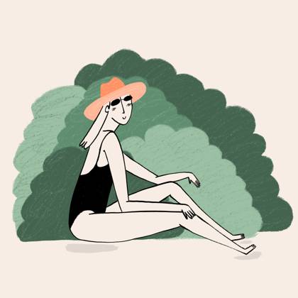 Illustration of a serene woman lounging with a trendy hat, showing summer vibes against a brush-stroked backdrop. Model Released BrendaFebus_ID20840_614765_003 Copyright: xBrendaxFebusx RECORD DATE NOT STATED