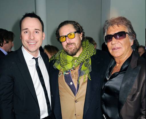 Gagosian Gallery Opening Exhibition - Los Angeles Julian Schnabel (C) welcomes David Furnish (L) and Italian designer Roberto Cavalli at the Gagosian Gallery opening exhibition of recent paintings by Julian Schnabel entitled Christ s Last Day, in Beverly Hills, Los Angeles, CA, USA on February 21, 2008. Photo by Graylock ABACAPRESS.COM Los Angeles CA  Copyright: xGraylock ABACAx