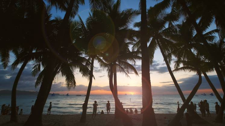 Sunset on beach with people and palms Silhouetted people and palms near sea. Sunset at tropical White beach, Boracay island, Philippines Copyright: xZoonar.com MikhailxKokhanchikovx 21445793