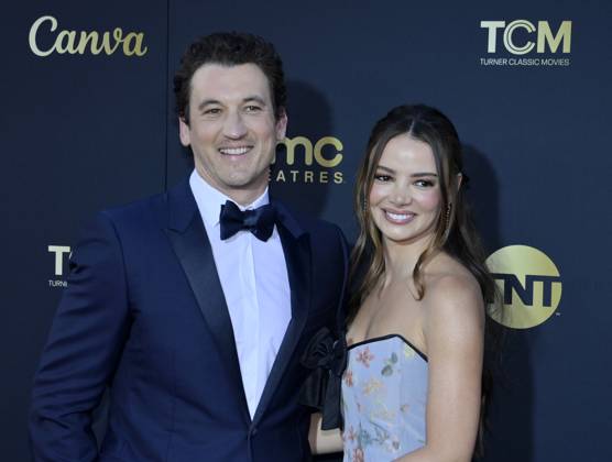 Miles Teller (L) and Keleigh Sperry Teller attend the 49th AFI Lifetime Achievement Award tribute gala honoring Nicole Kidman at the Dolby Theatre in the Hollywood section of Los Angeles on Saturday, April 27, 2024.  LAP2024042738 JIMxRUYMEN