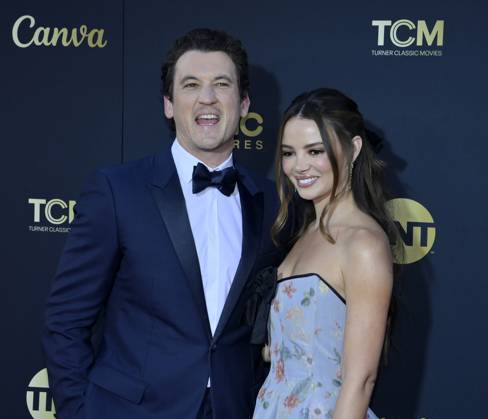 Miles Teller (L) and Keleigh Sperry Teller attend the 49th AFI Lifetime Achievement Award tribute gala honoring Nicole Kidman at the Dolby Theatre in the Hollywood section of Los Angeles on Saturday, April 27, 2024.  LAP2024042739 JIMxRUYMEN