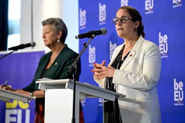 Ylva Johansson, European Commissioner for Home Affairs and State Secretary for Asylum and Migration policy Nicole de Moor pictured during a ministerial conference on the implementation and operationalization of the European Asylum and Migration Pact, in Gent, Tuesday 30 April 2024. DIRKxWAEM 91850750