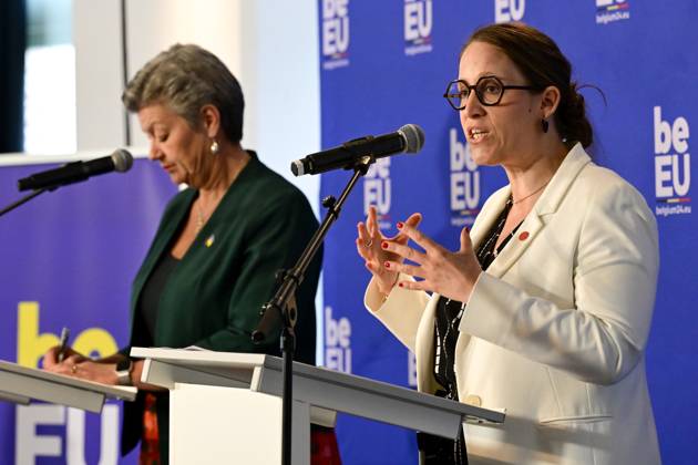 Ylva Johansson, European Commissioner for Home Affairs and State Secretary for Asylum and Migration policy Nicole de Moor pictured during a ministerial conference on the implementation and operationalization of the European Asylum and Migration Pact, in Gent, Tuesday 30 April 2024. DIRKxWAEM 91850763