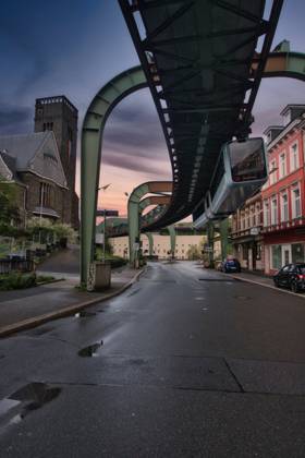 Low angle shot of a suspension railroad over Wuppertal s street in Germany Low angle shot of a suspension railroad over Wuppertal s street in Germany Copyright: x RECORD DATE NOT STATED