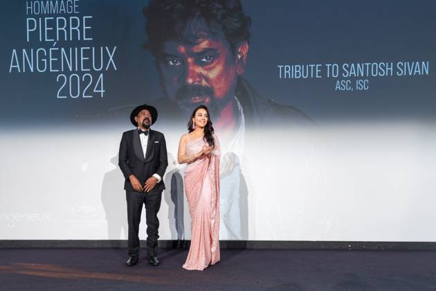 Cannes - Pierre Angenieux Prize Award Ceremony 2024 Pierre Angenieux Prize award ceremony with Santosh Sivan and Preity Zinta on stage during the 77th annual Cannes Film Festival at the Palais des Festivals, Saturday, May 24, 2024 in Cannes, France. Photo by Cyril Chateau ABACAPRESS.COM Cannes France Copyright: xChateauxCyril ABACAx