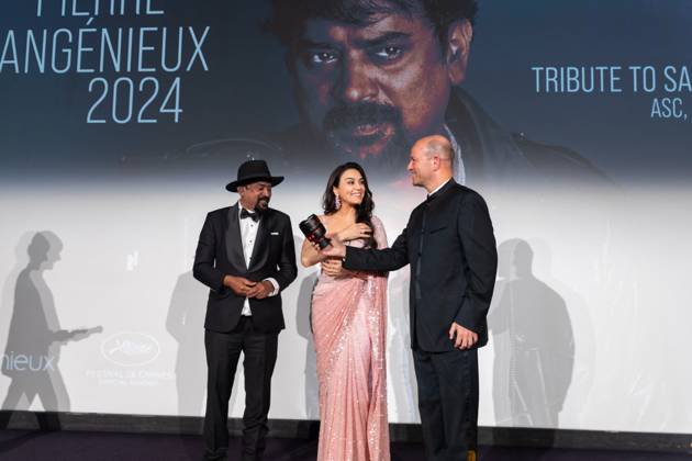 Cannes - Pierre Angenieux Prize Award Ceremony 2024 Pierre Angenieux Prize award ceremony with Santosh Sivan and Preity Zinta on stage during the 77th annual Cannes Film Festival at the Palais des Festivals, Saturday, May 24, 2024 in Cannes, France. Photo by Cyril Chateau ABACAPRESS.COM Cannes France Copyright: xChateauxCyril ABACAx