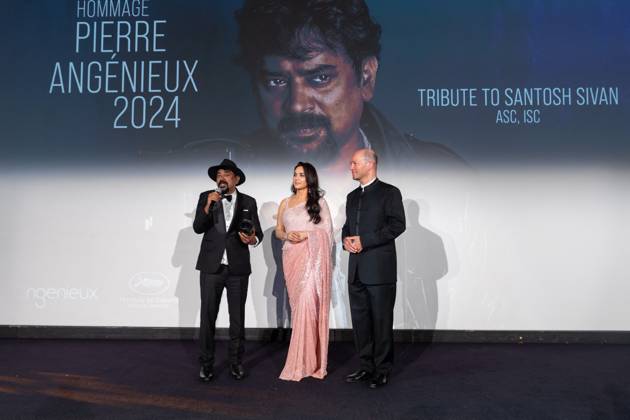 Cannes - Pierre Angenieux Prize Award Ceremony 2024 Pierre Angenieux Prize award ceremony with Santosh Sivan and Preity Zinta on stage during the 77th annual Cannes Film Festival at the Palais des Festivals, Saturday, May 24, 2024 in Cannes, France. Photo by Cyril Chateau ABACAPRESS.COM Cannes France Copyright: xChateauxCyril ABACAx