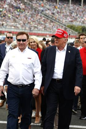 CHARLOTTE, NC - MAY 26: Former President of the United States of America Donald Trump with Richard Childress on pit road prior to the running of the NASCAR Cup Series Coca-Cola 600 on May 26, 2024 at Charlotte Motor Speedway in Charlotte, NC. (Photo by Jeff Robinson Icon Sportswire) EDITORIAL USE ONLY Icon1045686805
