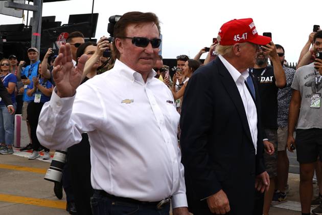 CHARLOTTE, NC - MAY 26: Former President of the United States of America Donald Trump with Richard Childress on pit road prior to the running of the NASCAR Cup Series Coca-Cola 600 on May 26, 2024 at Charlotte Motor Speedway in Charlotte, NC. (Photo by Jeff Robinson Icon Sportswire) EDITORIAL USE ONLY Icon1045686811
