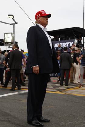 CHARLOTTE, NC - MAY 26: Former President of the United States of America Donald Trump on pit road prior to the running of the NASCAR Cup Series Coca-Cola 600 on May 26, 2024 at Charlotte Motor Speedway in Charlotte, NC. (Photo by Jeff Robinson Icon Sportswire) EDITORIAL USE ONLY Icon1045686823