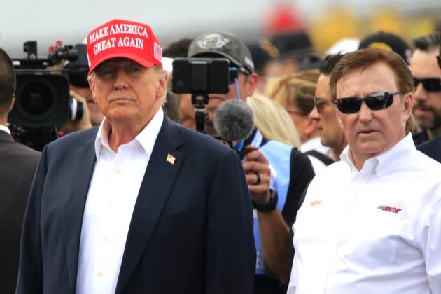 CHARLOTTE, NC - MAY 26: Former President of the United States of America Donald Trump with Richard Childress on pit road prior to the running of the NASCAR Cup Series Coca-Cola 600 on May 26, 2024 at Charlotte Motor Speedway in Charlotte, NC. (Photo by Jeff Robinson Icon Sportswire) EDITORIAL USE ONLY Icon1045686844