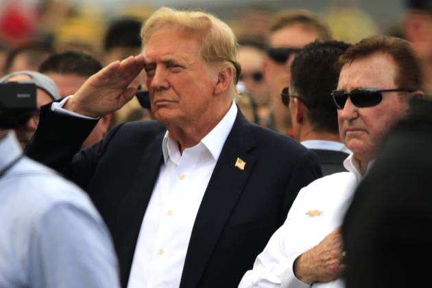 CHARLOTTE, NC - MAY 26: Former President of the United States of America Donald Trump with Richard Childress on pit road prior to the running of the NASCAR Cup Series Coca-Cola 600 on May 26, 2024 at Charlotte Motor Speedway in Charlotte, NC. (Photo by Jeff Robinson Icon Sportswire) EDITORIAL USE ONLY Icon1045686845