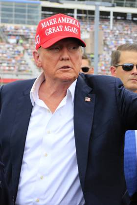 CHARLOTTE, NC - MAY 26: Former President of the United States of America Donald Trump on pit road prior to the running of the NASCAR Cup Series Coca-Cola 600 on May 26, 2024 at Charlotte Motor Speedway in Charlotte, NC. (Photo by Jeff Robinson Icon Sportswire) EDITORIAL USE ONLY Icon1045686852