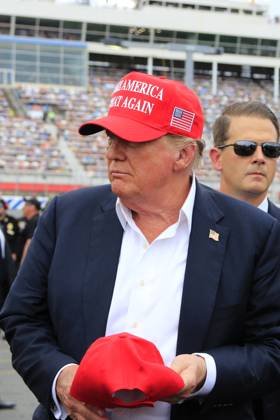 CHARLOTTE, NC - MAY 26: Former President of the United States of America Donald Trump on pit road prior to the running of the NASCAR Cup Series Coca-Cola 600 on May 26, 2024 at Charlotte Motor Speedway in Charlotte, NC. (Photo by Jeff Robinson Icon Sportswire) EDITORIAL USE ONLY Icon1045686853