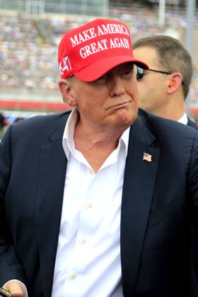 CHARLOTTE, NC - MAY 26: Former President of the United States of America Donald Trump on pit road prior to the running of the NASCAR Cup Series Coca-Cola 600 on May 26, 2024 at Charlotte Motor Speedway in Charlotte, NC. (Photo by Jeff Robinson Icon Sportswire) EDITORIAL USE ONLY Icon1045686859