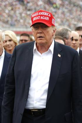 CHARLOTTE, NC - MAY 26: Former President of the United States of America Donald Trump on pit road prior to the running of the NASCAR Cup Series Coca-Cola 600 on May 26, 2024 at Charlotte Motor Speedway in Charlotte, NC. (Photo by Jeff Robinson Icon Sportswire) EDITORIAL USE ONLY Icon1045694112