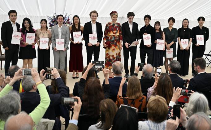 Queen Mathilde of Belgium (C) and the laureates pose for the photographer at the award ceremony of the Queen Elisabeth Violin Competition 2024, at the Queen Elisabeth Music Chapel (Chapelle Musicale Reine Elisabeth - Muziekkapel Koningin Elisabeth), in Waterloo on Tuesday 04 June 2024.  ERICxLALMAND 93955033
