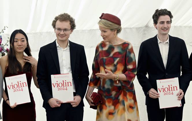 Presentation of prizes to the winners of the Queen Elisabeth Competition 2024 BRUSSELS, BELGIUM - JUNE 04: Presentation of prizes to the winners of the twentieth edition of the Queen Elisabeth Competition dedicated to the violin in the presence of Queen Mathilde. First Prize 2024 (Queen Elisabeth International Grand Prix) : Dmytro Udovychenko (Ukraine) Second prize 2024: Joshua Brown (USA) Third prize 2024: Elli Choi (USA) on June 04, 2024 in Brussels, Belgium, 04 06 2024 Brussels Belgium  Copyright: xDidierxLebrunx