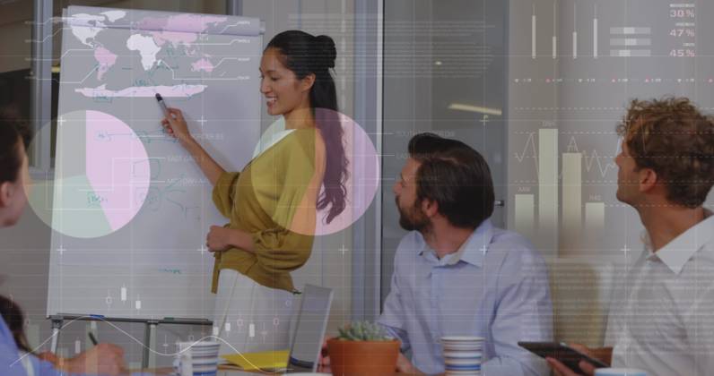 Image of infographic interface over diverse female explaining reports on whiteboard to coworkers. Digital composite, multiple exposure, business, planning, global and teamwork concept. , 12.05.2024, 5241317.jpg , people,infographic,interface,diverse,female,explaining,report,whiteboard,coworkers,digital composite,multiple exposure,business,planning,global,teamwork concept,data,chart,graph,finance,information,internet,diagram,communication,colleagues,technology,financial,computer,network,office,web,strategy,marketing,concept,corporate,connection,meeting,presentation,digital,businessman,management,success,teamwork,discussion,icon,investment,brain storming,analysis,composite,multiple,exposure Copyright: xVectorxFusionxArtx