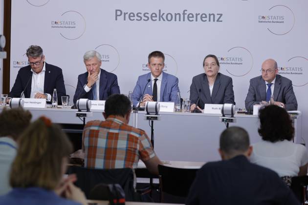Dr. Oliver Heidinger, Dr. Thomas Gößl, Florian Burg, Pressesprecher, Dr. Ruth Brand, Präsidentin des Statistischen Bundesamtes , Stefan Dittrich - Statistisches Bundesamt, Deutschland, Berlin, Bundespressekonferenz, Thema: Statistisches Bundesamt, Zensus 2022: Start der Veröffentlichung der Ergebnisse
