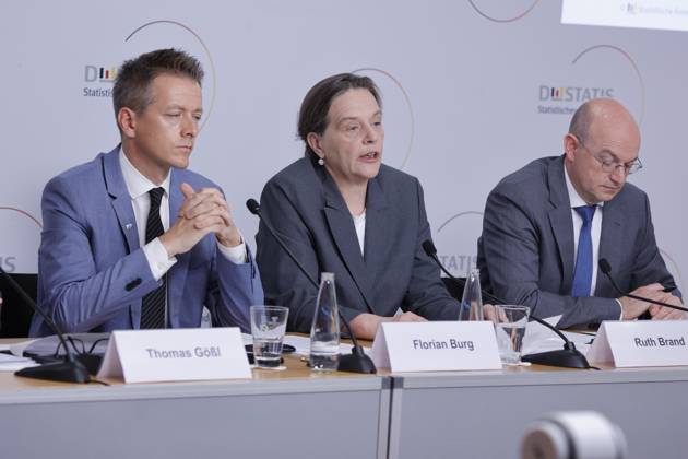 Florian Burg, Pressesprecher, Dr. Ruth Brand, Präsidentin des Statistischen Bundesamtes , Stefan Dittrich - Statistisches Bundesamt, Deutschland, Berlin, Bundespressekonferenz, Thema: Statistisches Bundesamt, Zensus 2022: Start der Veröffentlichung der Ergebnisse