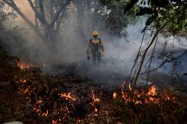 Bilder des Jahres 2024, News 07 Juli News Themen der Woche KW27 (240708) -- CORUMBA, July 8, 2024 -- A firefighter works to put out a fire along Paraguay River in Pantanal, in Corumba, Mato Grosso do Sul, Brazil, July 7, 2024. (Photo by Xinhua) BRAZIL-CORUMBA-PANTANAL WETLAND-FIRE LucioxTavora 