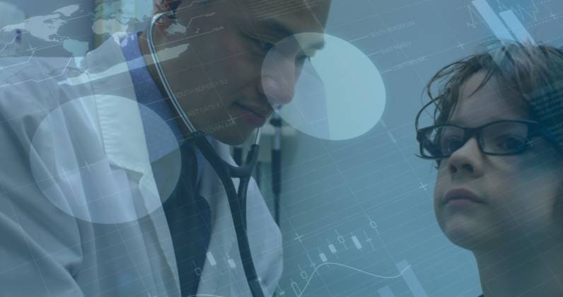 Image of infographic interface over diverse doctor checking boy with stethoscope in hospital. Digital composite, multiple exposure, report, business, global, childhood, healthcare, technology. , 16.07.2024, 5168566.jpg , people,digital composite,multiple exposure,infographic interface,diverse doctor,stethoscope usage,hospital setting,boy patient,healthcare technology,medical report,business analytics,global health,childhood wellness,medical examination,contemporary medicine,innovative diagnostics,professional healthcare,child healthcare,pediatric care,digital healthcare solutions,technology in medicine,medical consultation,doctor-patient interaction,health assessment,modern healthcare,medical practice,health data analysis,medical technology Copyright: xVectorxFusionxArtx