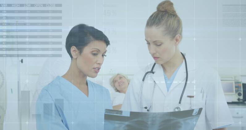 Image of infographic interface over diverse female doctors discussing patient x-ray in hospital. Digital composite, multiple exposure, report, business, global, medical, healthcare, technology. , 16.07.2024, 5168606.jpg , people,digital composite,multiple exposure,diverse female doctors,discussing,patient x-ray,hospital,infographic interface,report,business,global,medical,healthcare,technology,professional consultation,diagnosis,teamwork,women in medicine,medical analysis,patient care,healthcare professionals,clinical environment,medical imaging,radiology,healthcare technology innovations,medical expertise,consultation room,medical team collaboration,patient treatment planning,cross-disciplinary team,clinical decision-making,health informat Copyright: xVectorxFusionxArtx