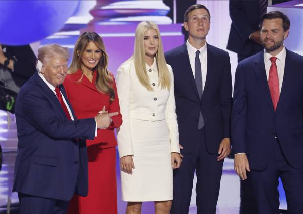 Republican Presidential nominee and former President Donald Trump, his wife Melania stand on the stage with daughter Ivanka Trump and her husband Jared Kushner, and Republican Vice Presidential nominee Sen. JD Vance at the close of the 2024 Republican National Convention at Fiserv Forum in Milwaukee, Wisconsin on Thursday, July 18, 2024.  MIL20240718935 TANNENxMAURY