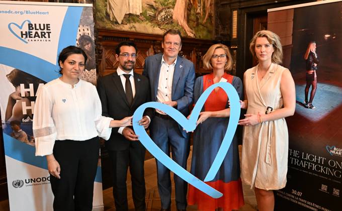 Bilder des Jahres 2024, News 07 Juli News Themen der Woche KW 30 News Bilder des Tages Launch Of The Blue Heart Campaign Antwerpen, Belgium - July 22 : Outgoing Justice Minister Paul Van Tigchelt (Open Vld), Julien Garsany( Representative UNODC ), Marise Habib ( IOM-OIM ), Inge Saris ( Payoke ) and Alderwoman Els Van Doesberg attend the launch of the United Nations Blue Heart campaign, ahead of the World Day Against Human Trafficking. As many as 1 in 3 victims of human trafficking worldwide are children. That is why this year s United Nations campaign focuses on the fight against child trafficking.on July 22, 2024 in Antwerpen, Belgium, 22 07 2024 Antwerpen Belgium  Copyright: xBertxVanxDenxBrouckex