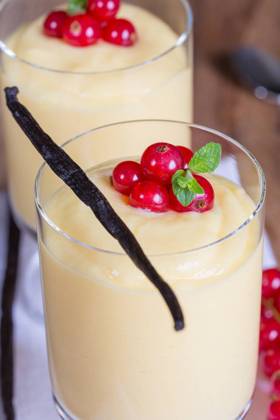 Vanilla cream dessert with vanilla bean and currant.. Vanilla cream dessert with vanillabean and currant ,model released, Symbolfoto