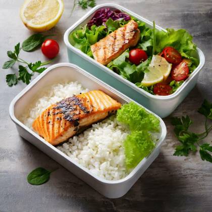 IMAGO Creative, Food, Trend, Meal Prep Lunch box with grilled salmon fillet, rice and salad, Lunch box with grilled salmon fillet, rice and salad., Lunch box with grilled salmon fillet, rice and salad., 29.11.2023, Copyright: xmalshakx Panthermedia36240416.jpg