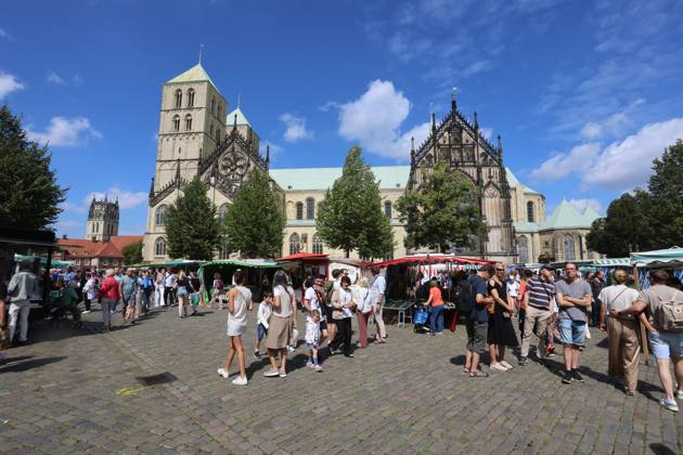 Wochenmarkt auf dem Domplatz. Münster, Nordrhein-Westfalen, DEU, Deutschland, 10.08.2024