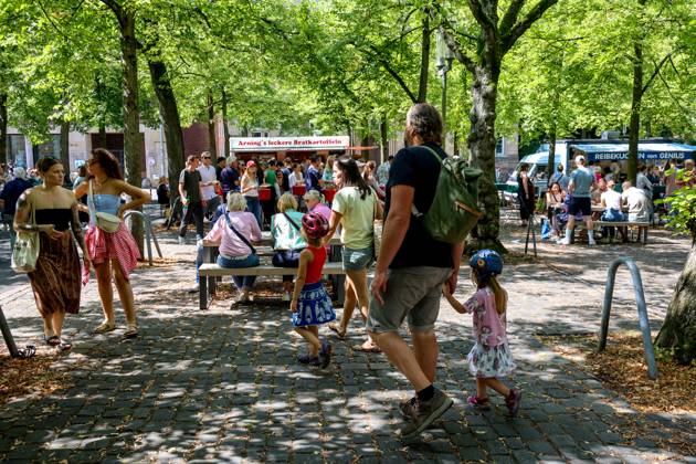 Wochenmarkt auf dem Domplatz. Münster, Nordrhein-Westfalen, DEU, Deutschland, 10.08.2024