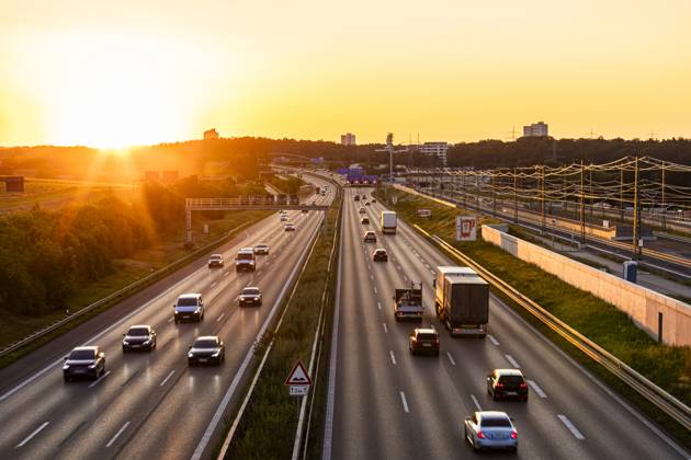 Germany, Baden-Wurttemberg, Stuttgart, Traffic on Bundesautobahn 8 at sunset, WDF07673
