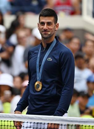 FLUSHING NY- AUGUST 24: Novak Djokovic is seen with his Olympic Gold Medal during Arthur Ashe Kids Day at the USTA Billie Jean King National Tennis Center on August 24, 2024 in Flushing Queens. Copyright: xmpi04x