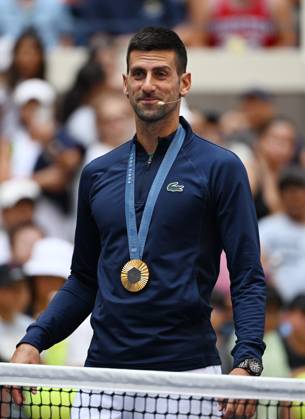 FLUSHING NY- AUGUST 24: Novak Djokovic is seen with his Olympic Gold Medal during Arthur Ashe Kids Day at the USTA Billie Jean King National Tennis Center on August 24, 2024 in Flushing Queens. Copyright: xmpi04x