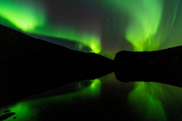 Nordlicht (Aurora borealis) spiegelt sich in einem See, Rago Nationalpark, Nordland, Norwegen, McPGUN McP_GUN_2025_000173