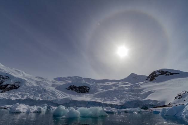 View of sun halo inside Neko Harbor on the western side of the Antarctic Peninsula, Southern Ocean, Polar Regions Copyright: MichaelxNolan 1112-9335 RECORD DATE NOT STATED