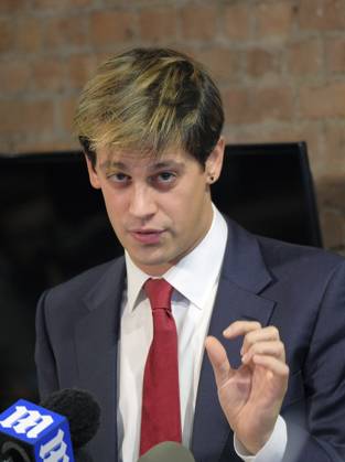 Right wing commentator Milo Yiannopoulos appeared at a news conference during which he announced his resignation as a senior editor with Breitbart News on February 21 2017 in New York City Copyright: x2017xCurtisxMeans ACExPicturesx abltb419