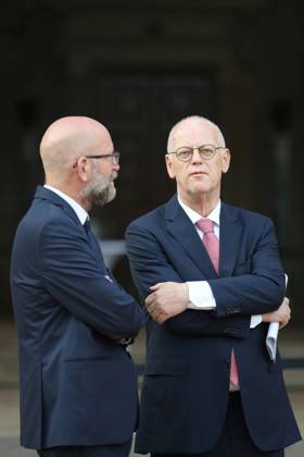 Germany: M100 Media Award in Potsdam Brandenburg: The photo shows the former Defense Minister Rudolf Scharping and Moritz van Dülmen before the M100 Media Award ceremony in the Orangery Sanssouci in Potsdam Potsdam Brandenburg Germany Copyright: SimonexKuhlmey
