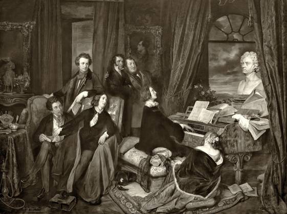 Franz Liszt am Klavier, von Josef Danhauser, 1840, mit Alfred de Musset oder Alexandre Dumas père, George Sand, Marie d Agoult, Hector Berlioz oder Victor Hugo, Niccolò Paganini, Gioachino Rossini, digital optimiert Franz Liszt at the Piano, by Josef Danhauser, 1840, with Alfred de Musset or Alexandre Dumas père, George Sand, Marie d Agoult, Hector Berlioz or Victor Hugo, Niccolò Paganini, Gioachino Rossini, digitally optimized Copyright: imageBROKER Heinz-DieterxFalkens iblhfa11362878