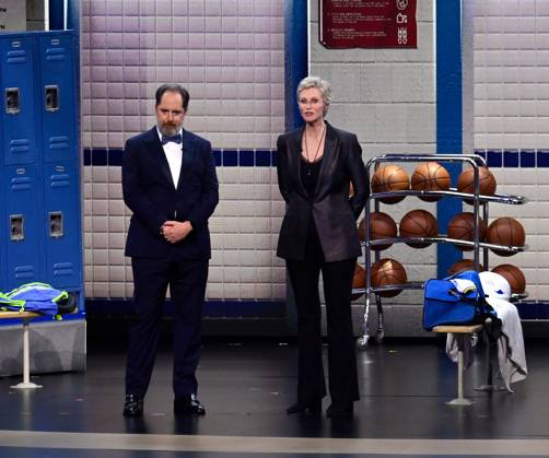 (L-R) Brendan Hunt and Jane Lynch appear onstage during the 76th annual Primetime Emmy Awards at the Peacock Theater in Los Angeles on Sunday, September 15, 2024.  LAP20240915193 JIMxRUYMEN