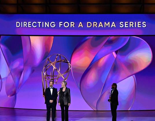 (L-R) Brendan Hunt and Jane Lynch appear onstage during the 76th annual Primetime Emmy Awards at the Peacock Theater in Los Angeles on Sunday, September 15, 2024.  LAP20240915195 JIMxRUYMEN