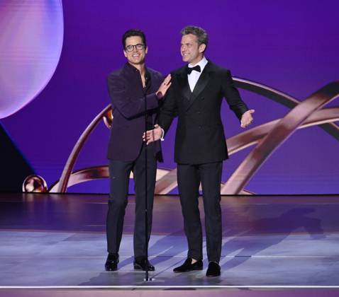 Matt Bomer (L) and Joshua Jackson appear onstage during the 76th annual Primetime Emmy Awards at the Peacock Theater in Los Angeles on Sunday, September 15, 2024.  LAP2024091504009 JIMxRUYMEN