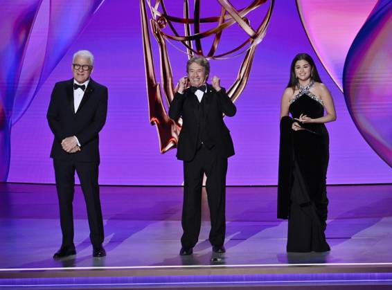 (L-R) Steve Martin, Martin Short, and Selena Gomez appear onstage during the 76th annual Primetime Emmy Awards at the Peacock Theater in Los Angeles on Sunday, September 15, 2024.  LAP2024091504016 JIMxRUYMEN