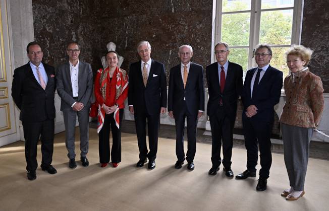 Baron Franqui, Professor Van de Walle, Professor Veronique Van Speybroeck, King Philippe - Filip of Belgium, Count Herman Van Rompuy, Professor Feringa, Professor Van Moerbeke and Baronne Foblets pose for the photographer a ceremony to award the Francqui-Collen Prize scientific awards for 2024, Tuesday 08 October 2024 in Brussels. The scientific prize, which is often referred to as the Belgian Nobel Prize , is awarded by The Francqui Foundation and is worth 250.000 euros. The King awards the Prix Francqui 2024 in Exact Sciences to Professor Van Speybroeck of Ghent University. Van Speybroeck receives the award for her work on the computational modeling of catalytic processes in nanoporous materials.  ERICxLALMAND 102145871